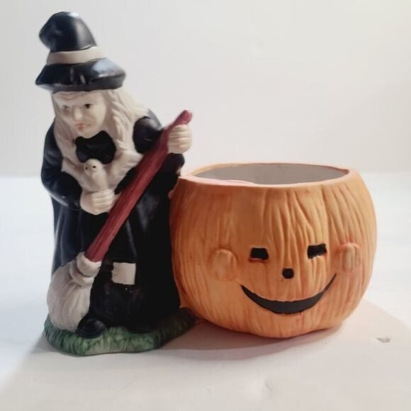 Vintage Halloween Witch Pumpkin Ceramic Tea Light Candle Holder - Picture 1 of 16